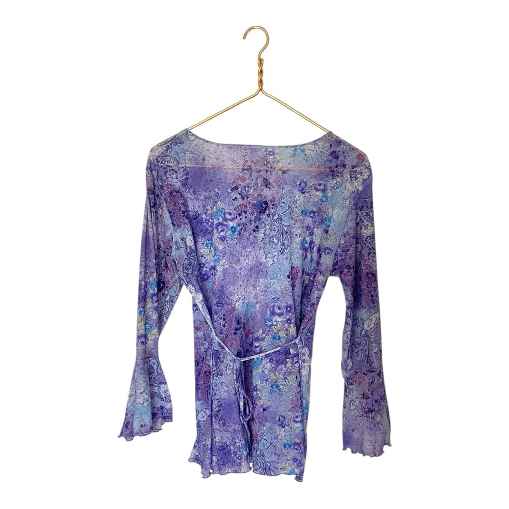 Y2K Maxwell Sheer Fairy Y2K V Neck Blue Paisley Floral Print Blouse Top M - Picture 2 of 4
